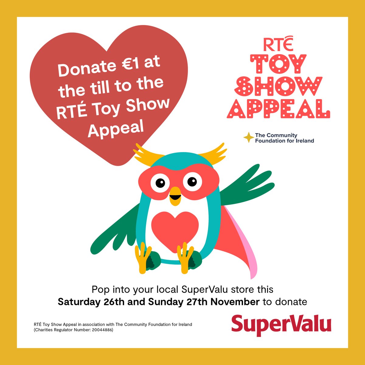SuperValuIRL's tweet photo. €2m raised already tonight for the RTE Toy Show Appeal Fundraiser! Remember, you can keep donating this weekend. Simply tap your card in your local SuperValu store from Saturday 26th to Sunday 27th November to donate €1 to support the #RTEToyShowAppeal #LateLateToyShow https://t.co/r2at4apv2t