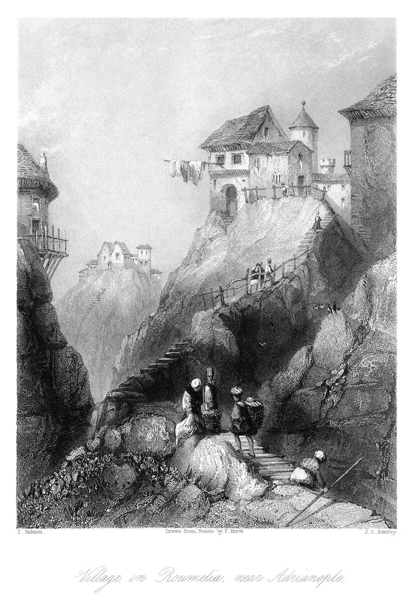 Village near Edirne. John Salmon from Constantinople: and the Scenery of the Seven Churches... by Robert Walsh, London, New York, Paris: [1838-1840] oldbookillustrations.com/illustrations/…