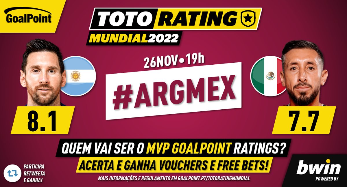 _Goalpoint's tweet photo. ⭐️ Acerta o MVP GoalPoint do #ARGMEX 🇦🇷🇲🇽 (19h) e ganha 30€ em voucher + free bets! 🔥⚽️

👉 Segue @_Goalpoint e @bwin_portugal
👉 Responde a este tweet com:
Jogador + Rating + #TotoRatingMUNDIAL
👉 Retweeta este tweet
Boa sorte! 💪

+ info 👉 https://t.co/My3SLSgr5d
#Qatar2022 https://t.co/A03YEJf5gE