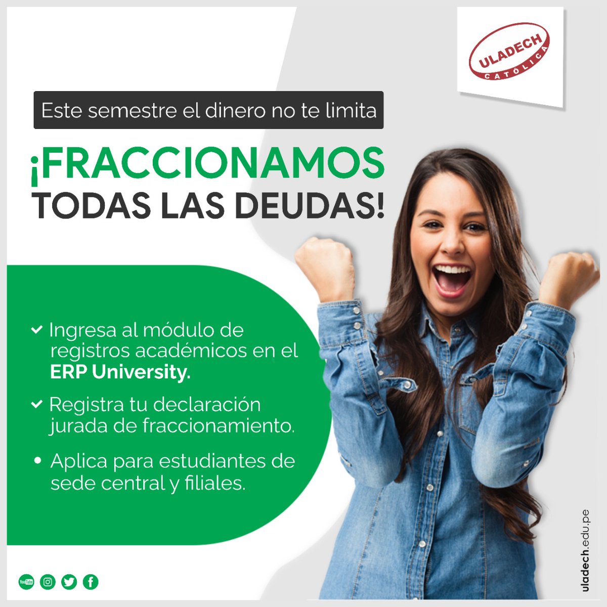 uladechcatolica's tweet photo. Beneficios 2022-3 || Ahora puedes matricularte accediendo al beneficio de fraccionamiento de deuda, con solo ingresar al ERP, opción módulo de registros fraccionamiento.
✅Disponible para estudiantes regulares y por reincorporación. https://t.co/bJH4MK5qdW