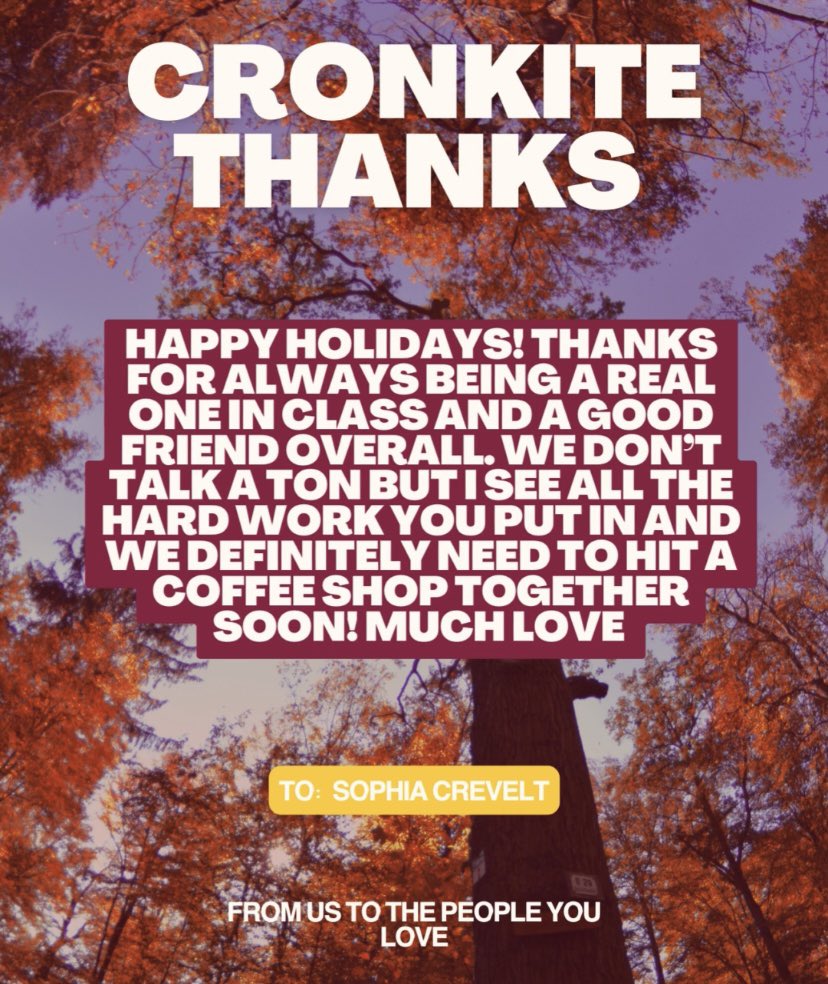 And a final student/peer appreciation for <a href="/CreveltSophia/">Sophia Crevelt</a> We hope everyone has felt the love this year with Cronkite Thanks! 🤍🍁