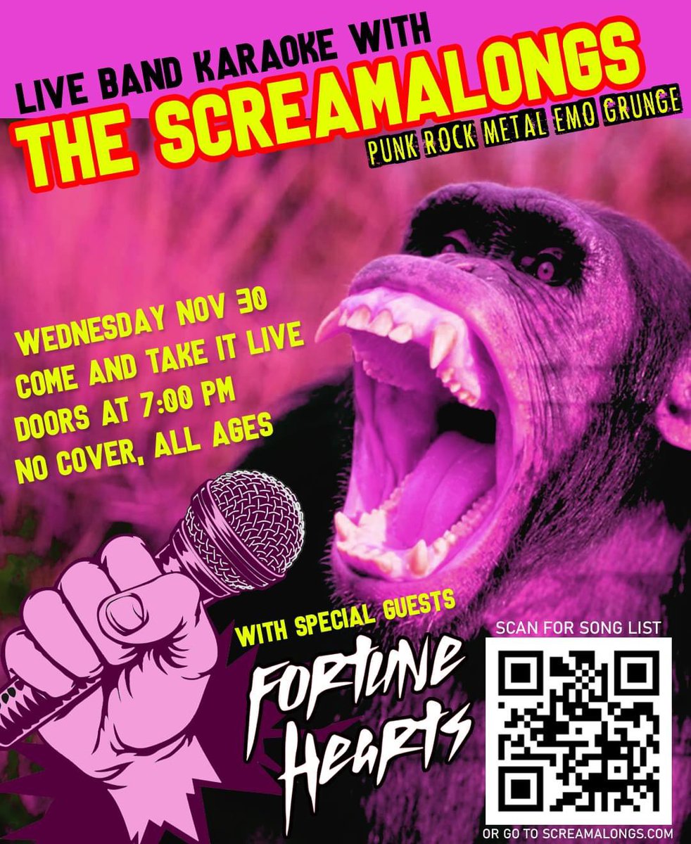 FortuneHearts's tweet photo. Next show!  This is always a fun one, our buddies in @screamalongs have invited us out to @comeandtakeitlive to warm y’all up for their live band karaoke set on Nov 30.  Expect to hear some extra covers from us to help you get in the zone, then take the stage yourself! https://t.co/yTAJsJrzl3