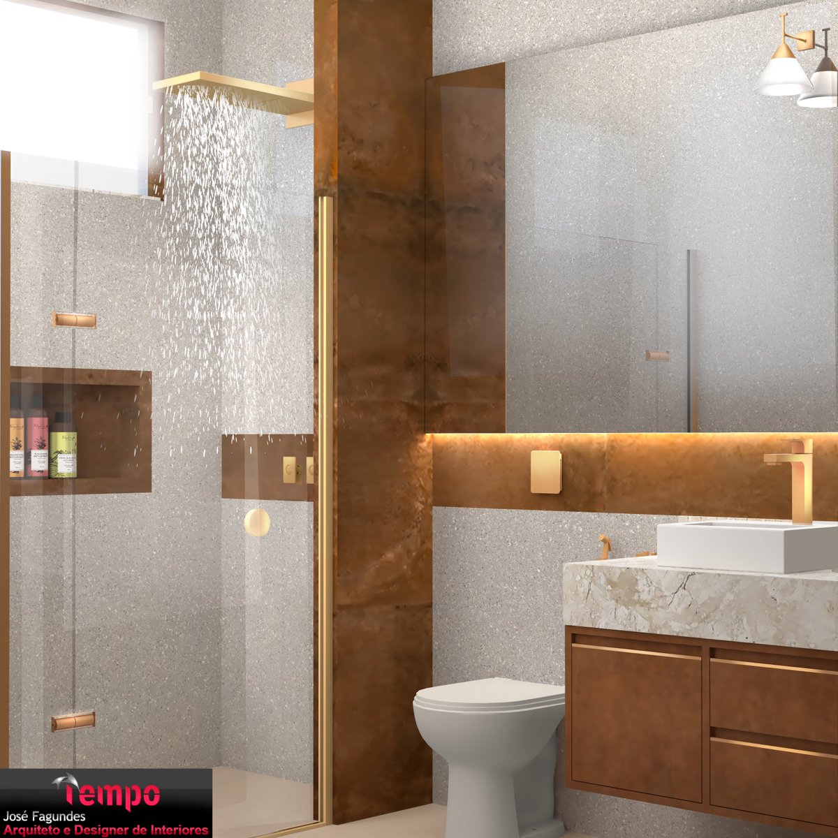 arquitempo's tweet photo. O marrom traz solidez e ressalta as geometrias quadradas do móvel e do pilar. O dourado nos perfis e na luz de led que incide no porcelanato marrom deixam o ambiente mais alegre.

#interiores #interiordesign #banheiroplanejado #3drender #render3d #designdeinteriores #arquitetura https://t.co/SIs71pxQqW