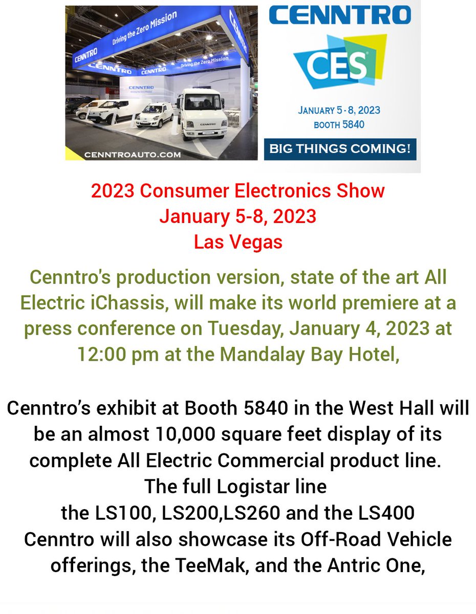 _X_Alex_'s tweet photo. #LasVegas #CesShow
Consumer Electronics Show
January 5-8, 2023
Cenntro :
BIG THINGS COMING!
#iChassis, will make its world premiere at a press conference on Tuesday, January 4, 2023 at 12:00 pm
#CENN #CENNTRO #ANTRIC $CENN
#ELECTRICVEHICLES #EV
#LOGISTAR #TEEMAK https://t.co/ehVwSZYssT
