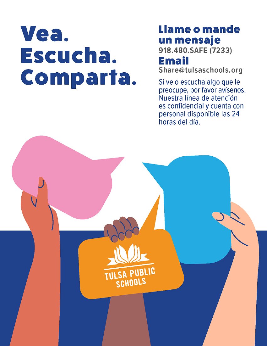 TulsaSchools's tweet image. Todos tenemos un papel que desempeñar para mantener la seguridad de nuestras escuelas. Si ve o escucha algo que atente contra la seguridad, llame o envíe un mensaje de texto al 918-480-SAFE, envíe un correo electrónico a share@tulsaschools.org o compártalo con un adulto.