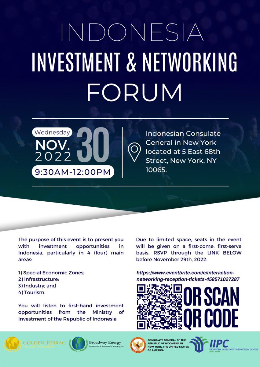 IIPC_NewYork's tweet photo. Join us at the Indonesia Investment Networking Forum next week!

Date: Wednesday, November 30, 2022
Time: 9:30 AM-12:00 PM ET
Location: Indonesian Consulate General in New York (5 East 68th Street, New York)

Please RSVP before November 29 in the link below! https://t.co/QzMIR6Y2VO