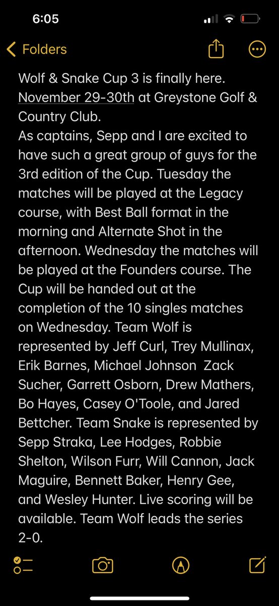 Wolf&amp;Snake Cup 3 Nov 29-30 <a href="/greystonegcc/">Greystone Golf & CC</a> <a href="/JCurl1031/">Jeff Curl</a> <a href="/seppstraka/">Sepp Straka</a> <a href="/htmullinax/">Trey Mullinax</a> Lee Hodges <a href="/ErikBarnes167/">Erik Barnes</a> Robbie Shelton <a href="/MikeJohnsonAU/">Michael Johnson</a> <a href="/zacksucherpga/">Zack Sucher</a> <a href="/Wfurr42/">Wilson Furr</a> <a href="/GOgolf711/">Garrett Osborn</a> J.Maguire <a href="/wIllcvnnon/">Will Cannon</a> <a href="/bo_hayes/">Bo Hayes</a> <a href="/DrewMathers2/">Drew Mathers</a> @twitchyjarebear <a href="/TooleCasey/">Casey O’Toole</a> <a href="/HenryGee978/">Henry gee</a> <a href="/BennettBaker/">Bennett Baker</a> <a href="/kwhunter22/">Wesley Hunter</a>
