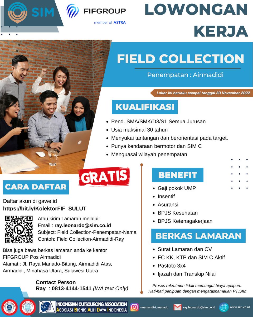 sim_manado's tweet photo. Kirim CV anda ke email ray.leonardo@sim.co.id dengan subject email Field Collection-Penempatan-Nama Pelamar
atau
Silahkan bawa lamaran anda ke kantor 
FIFGROUP Pos Airmadidi
Alamat:  Jl. Raya Manado-Bitung, Airmadidi Atas, Kec. Airmadidi, Kab. Minahasa Utara, Sulawesi Utara 95371 https://t.co/2wJ7wQePlp