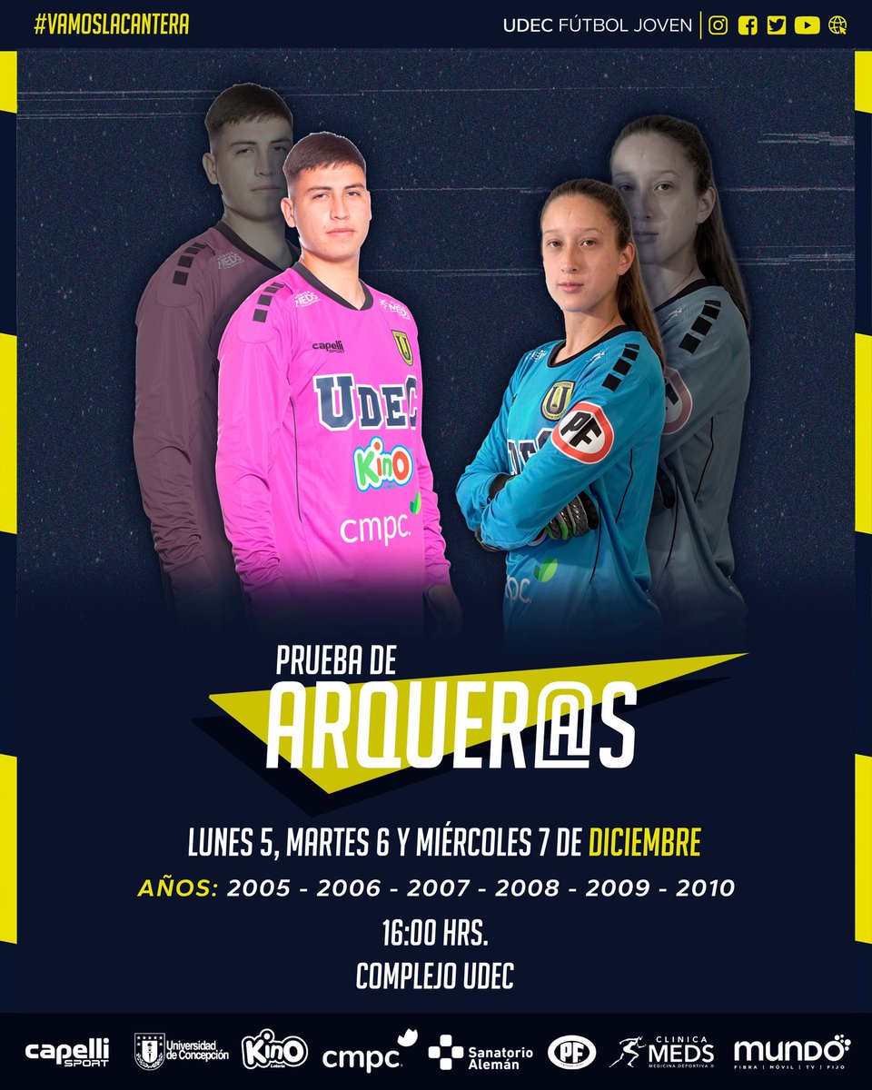 UdeCFutbolJoven's tweet photo. 🧤🤩 ¡Si eres arquer@, llegó tu oportunidad! En diciembre podrás demostrar tu talento y defender la camiseta del Campanil. 

📍 Las pruebas serán en el Campo Deportivo Campanil UdeC, ubicado en Camino a Penco 3660 Km. 1,4. 

#VamosLaCantera https://t.co/RdwJgtwps8