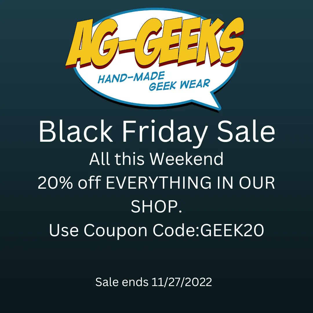 ag_geeks's tweet photo. We are having our Black Friday sale all this weekend. Use code: GEEK20 to get 20% EVERYTHING in our Etsy shop. 

https://t.co/9fZndREP3l 

#blackfridaysale #blackfridaysales  #blackfridayspecial #blackfridayshopping  #blackfridayfinds  #blackfriday #blackfridaydeals https://t.co/AMkqd32wYF
