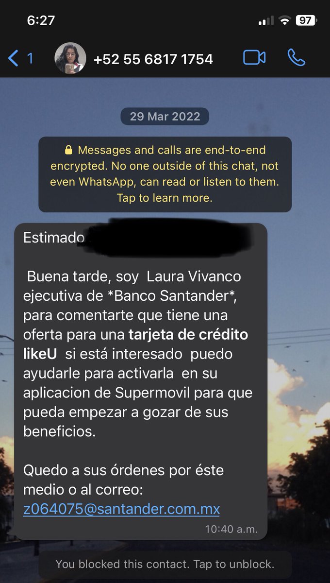 Estimados <a href="/SantanderMx/">Santander México</a>. 

Estoy hasta la madre que me estén contactando sus ejecutivos via wapp para ofrecerme créditos. Acaso no viola la privacidad de los datos que según controlan? <a href="/CondusefMX/">CONDUSEF</a> Debería hacer algo. Adjunto evidencia