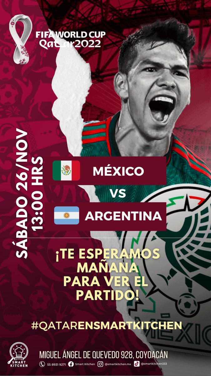 smart_kitchenmx's tweet photo. Te esperamos mañana para ver el partido de México!⚽🥳 ¡Promos especiales! 

.
📍Miguel Ángel de Quevedo 928
✨Reserva sin costo al 5589319271✨

#FutandFood #Qatar2022 #MundialQatar2022 #MéxicoVSArgentina https://t.co/QtOSiWltJ5