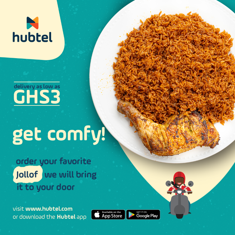 hubtel's tweet photo. Delivering delights. We are bringing all your favourite meals to your door today at a flat fee of GHS3 only. Go on and make that order!