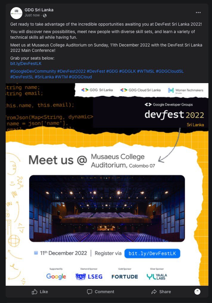 GDGLK's tweet photo. Meet us at Musaeus College Auditorium on Sunday, 11th December 2022 with the DevFest Sri Lanka 2022 Main Conference!
Grab your seats below:
https://t.co/kfkwPrPTTe
#GoogleDevCommunity #DevFest2022 #DevFest #GDG #GDGLK #WTMSL #GDGCloudSL #DevFestSL #SriLanka #WTM #GDGCloud https://t.co/tAOzKdVjZI
