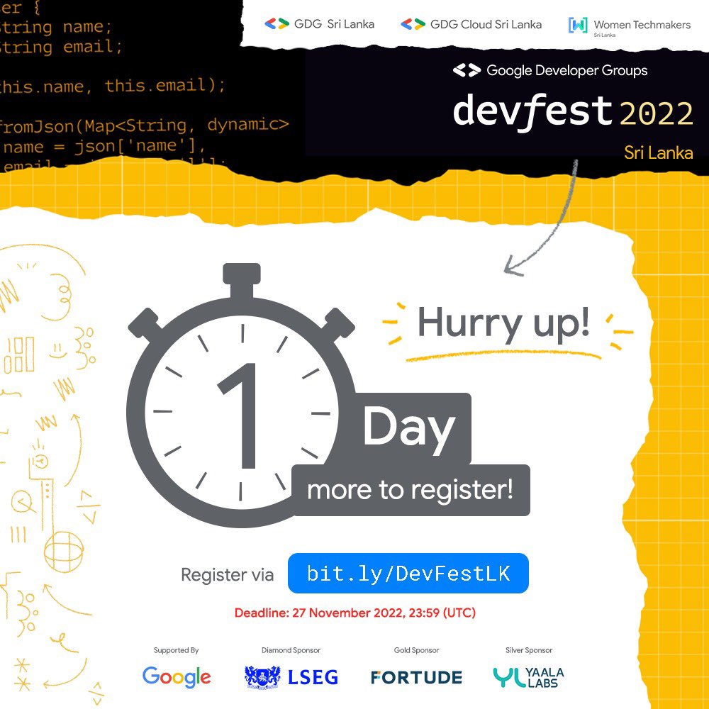 GDGLK's tweet photo. Join the Google Community in Sri Lanka to learn, build and connect with DevFest 2022.
Registrations will be closed in one day
Register now at: https://t.co/kfkwPrPTTe
#GoogleDevCommunity #DevFest2022 #DevFest #GDG #GDGLK #WTMSL #GDGCloudSL #DevFestSL #SriLanka #WTM #GDGCloud https://t.co/JzopxfhxHr