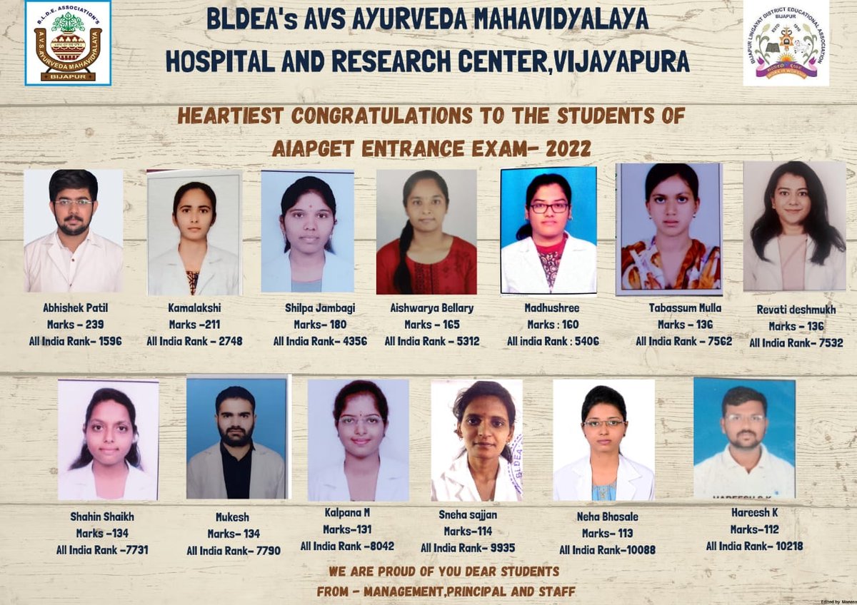 BLDEAssociation's tweet photo. The Students of BLDE Association's AVS AYURVEDA MAHAVIDYALAYA HOSPITAL AND RESEARCH CENTRE,. VIJAYAPUR  successfully qualified in the AIAPGET ENTRANCE EXAM - 2022. 
Hearty Congratulations  From Management, Principal and Staff. 💐💐 https://t.co/gUnBQ1gOcZ