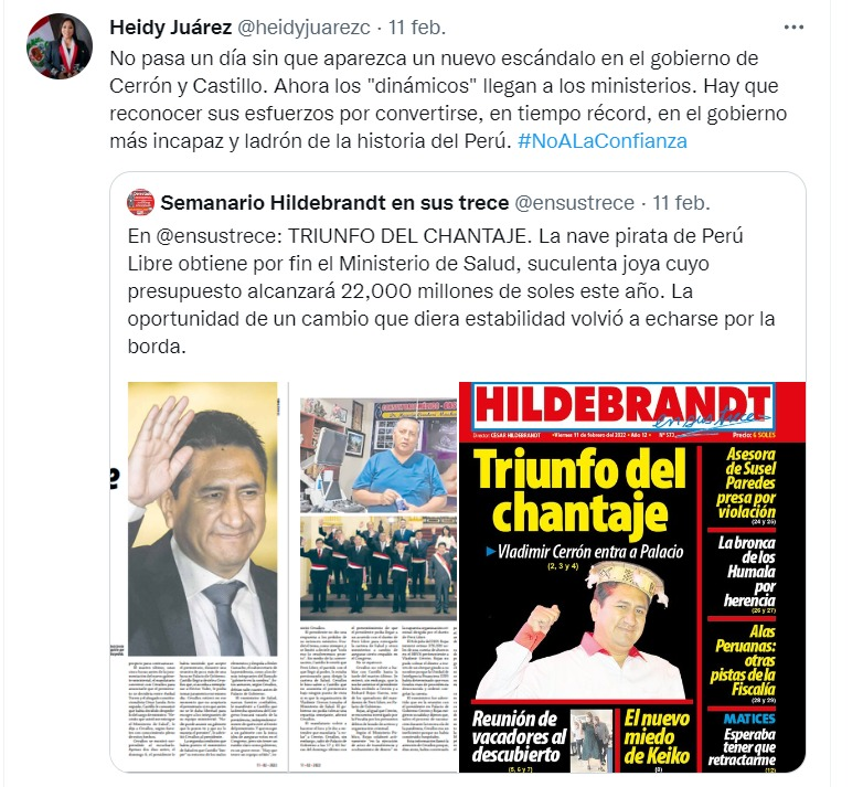 whuacasi's tweet photo. Heidy Juárez sobre el gobierno de Pedro Castillo:

4/2/22: "Este gobierno es una caricatura".

8/2/22: "El presidente vive en una realidad paralela (...) El problema es él".

11/2/22: "El gobierno más incapaz y ladrón de la historia".

1/3/22: "Gobierno improvisado y corrupto". https://t.co/b7KRxY1HqI