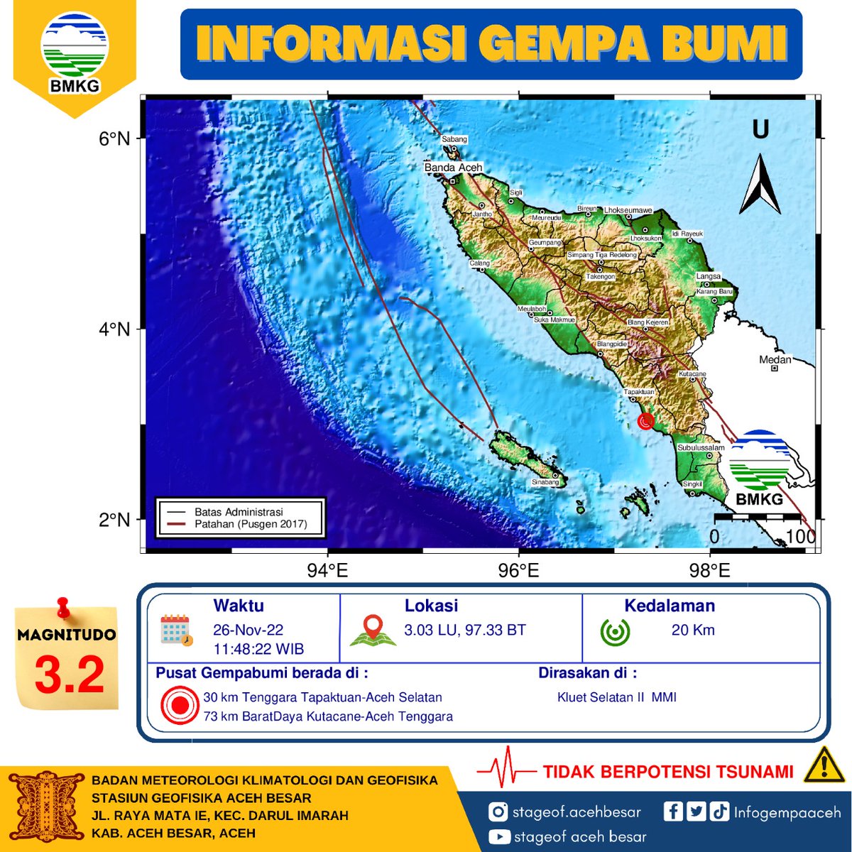 infogempaaceh's tweet photo. Info Gempa Mag:3.2 SR, 26-Nov-22 11:48:22 WIB, Lok:3.03 LU,97.33 BT (30 km Tenggara KAB-ACEHSELATAN), Kedlmn:20 Km, dirasakan di Kluet Selatan II MMI ::BMKG

#infogempaaceh #infogempa #gempaaceh #BMKG https://t.co/JAvtlIebnp