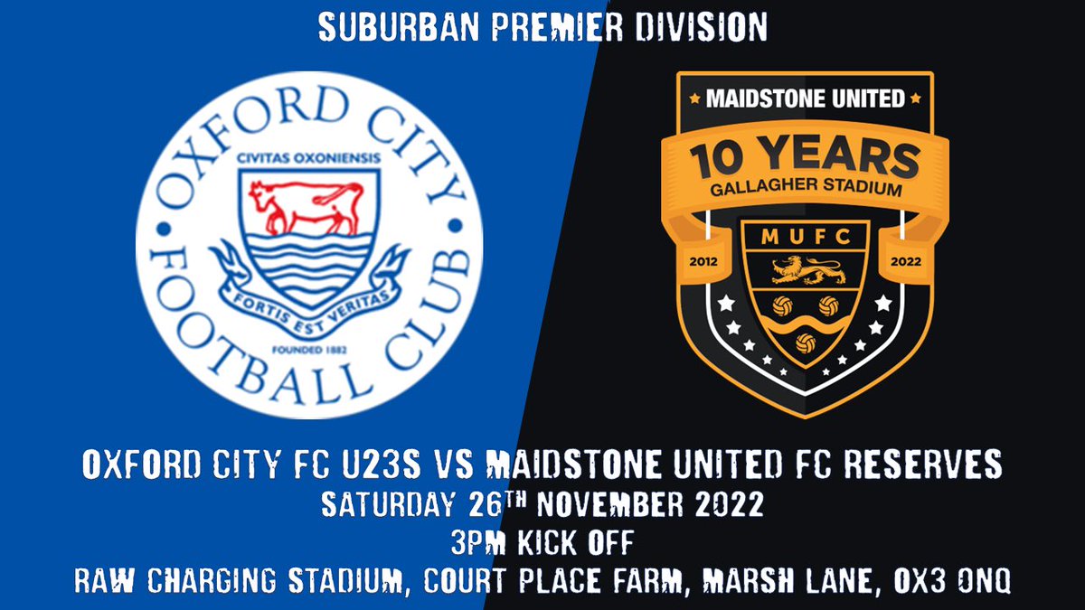 OxCityFCU23s's tweet photo. β½οΈ MATCH DAY β½οΈ
π Saturday 26th November 2022
π @maidstoneunited Reserves
π @RawCharging Stadium, Court Place Farm, Marsh Lane, OX3 0NQ
π @suburban_league Premier Division
β° 3pm KO
#OCFC23s #FutureHoops #WhenSaturdayComes https://t.co/ifJrCCPPsZ