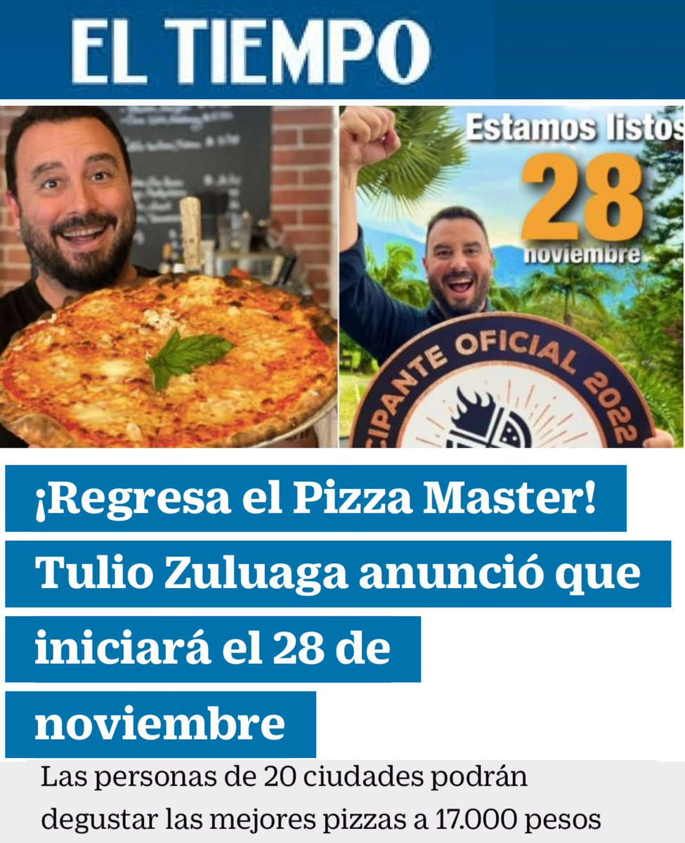 tuliorecomienda's tweet photo. ¡Regresa el PizzaMaster! Tulio Zuluaga anunció que iniciará este lunes 28 de noviembre https://t.co/juAwZVq5pT https://t.co/DJ55vTaO7s
