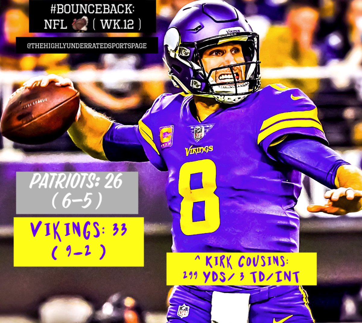 HighlyUndSP's tweet photo. Kirk Cousins &amp; the Vikings were able to bounce back after suffering a #bullybeatdown last week #bounceback #Thanksgiving #NFL #Week12 #NEvsMIN #Patriots #Vikings @KirkCousins8 #NFLTwitter #thehighlyunderratedsportspage https://t.co/h901Wwr9jc