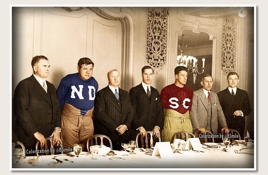 BSmile's tweet photo. Today In 1927: New York #Yankees stars Babe Ruth &amp; Lou Gehrig put on football uniforms for a special dinner before the #NotreDame vs. #USC game in Chicago! (L-R) Pop Warner, Babe Ruth, Knute Rockne, Christy Walsh, Lou Gehrig, Howard Jones &amp; Tad Jones. #Legends #History https://t.co/hAkRc6I4Yt
