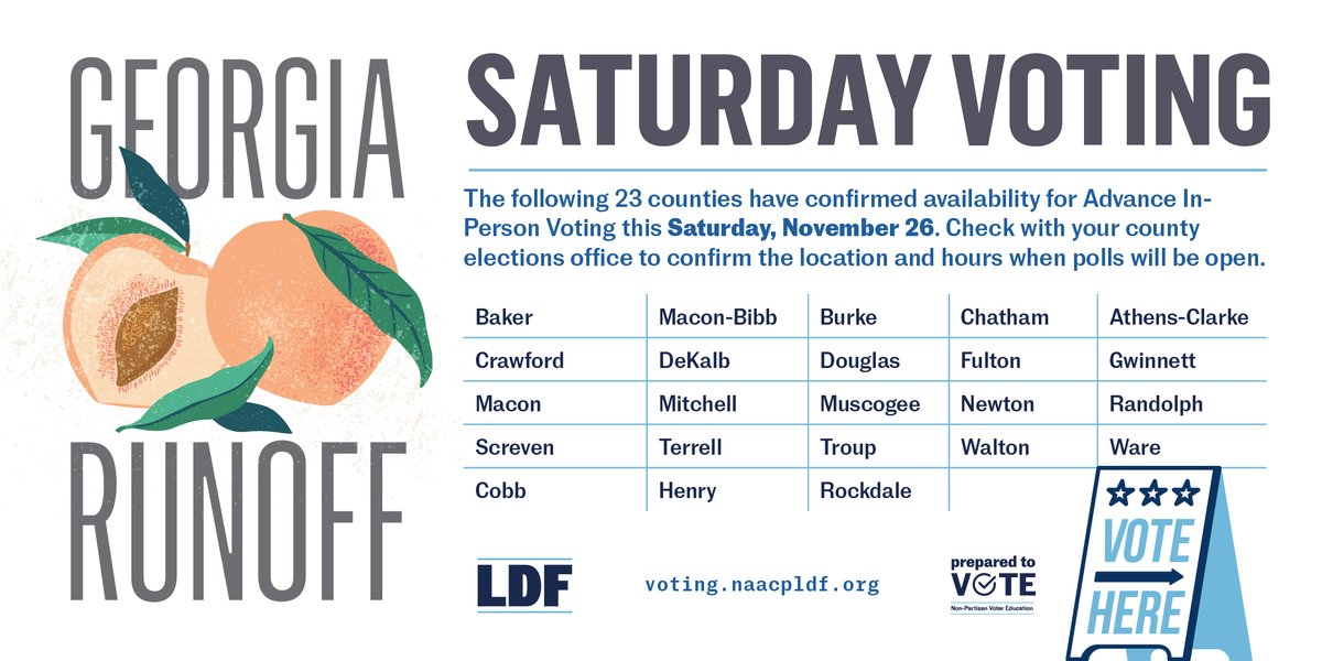 NAACP_LDF's tweet image. 🚨 🚨 🚨 Georgia voters: These 23 counties have agreed to provide advance in-person voting THIS SATURDAY for the upcoming U.S. Senate Runoff election.

Please check with your local elections office for details on time and polling locations.