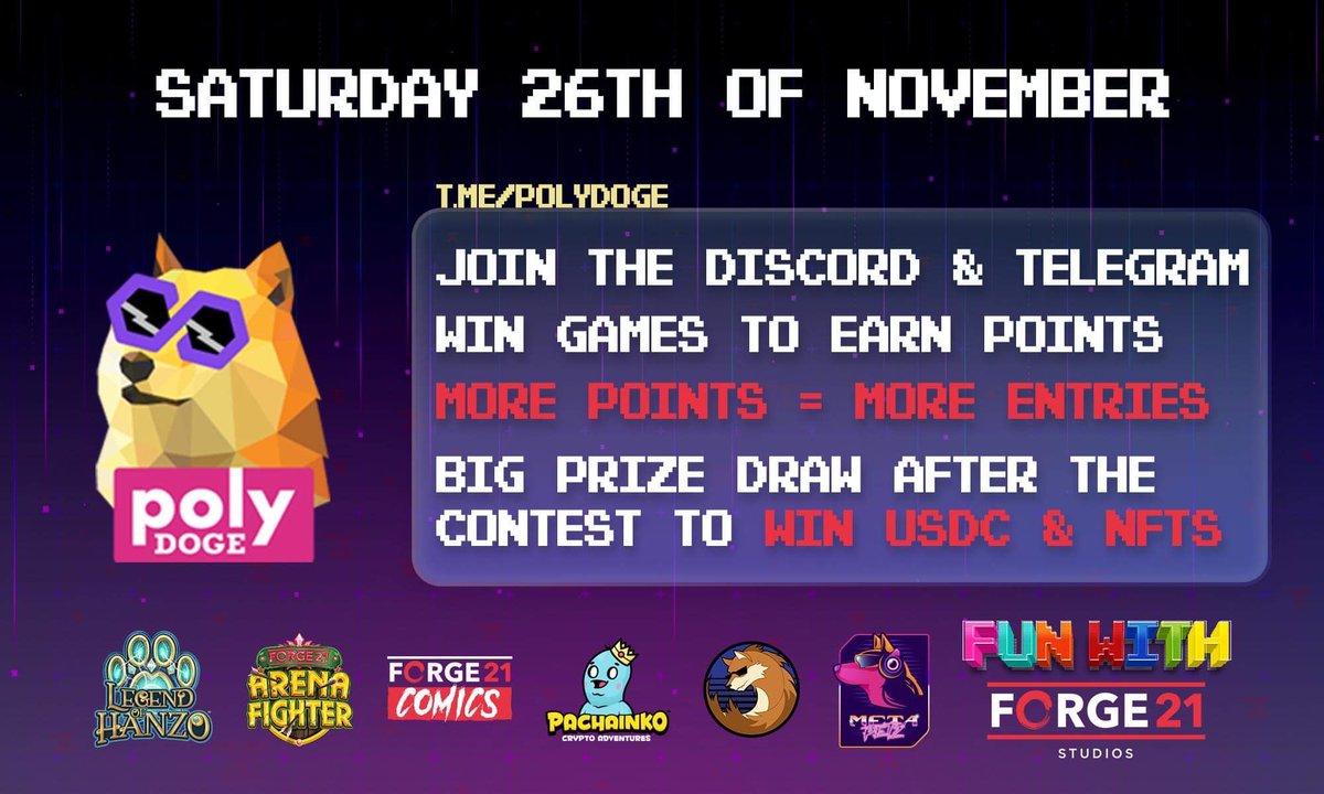 Fun With <a href="/Forge21Official/">Forge Universe Blacksmith Labs Ltd.</a> 

It’s the second day of our week long giveaway and we today we are here <a href="/PolyDoge/">PolyDoge 🐶🚀 | Aggregated</a> 🥷

Make sure to join socials which are posted in the tweet below 👇 

Also check out <a href="/RealCryptoJamie/">nisa balyemezz</a>  Video each day. 

Rt♻️Like✅ and come join the fun🤩