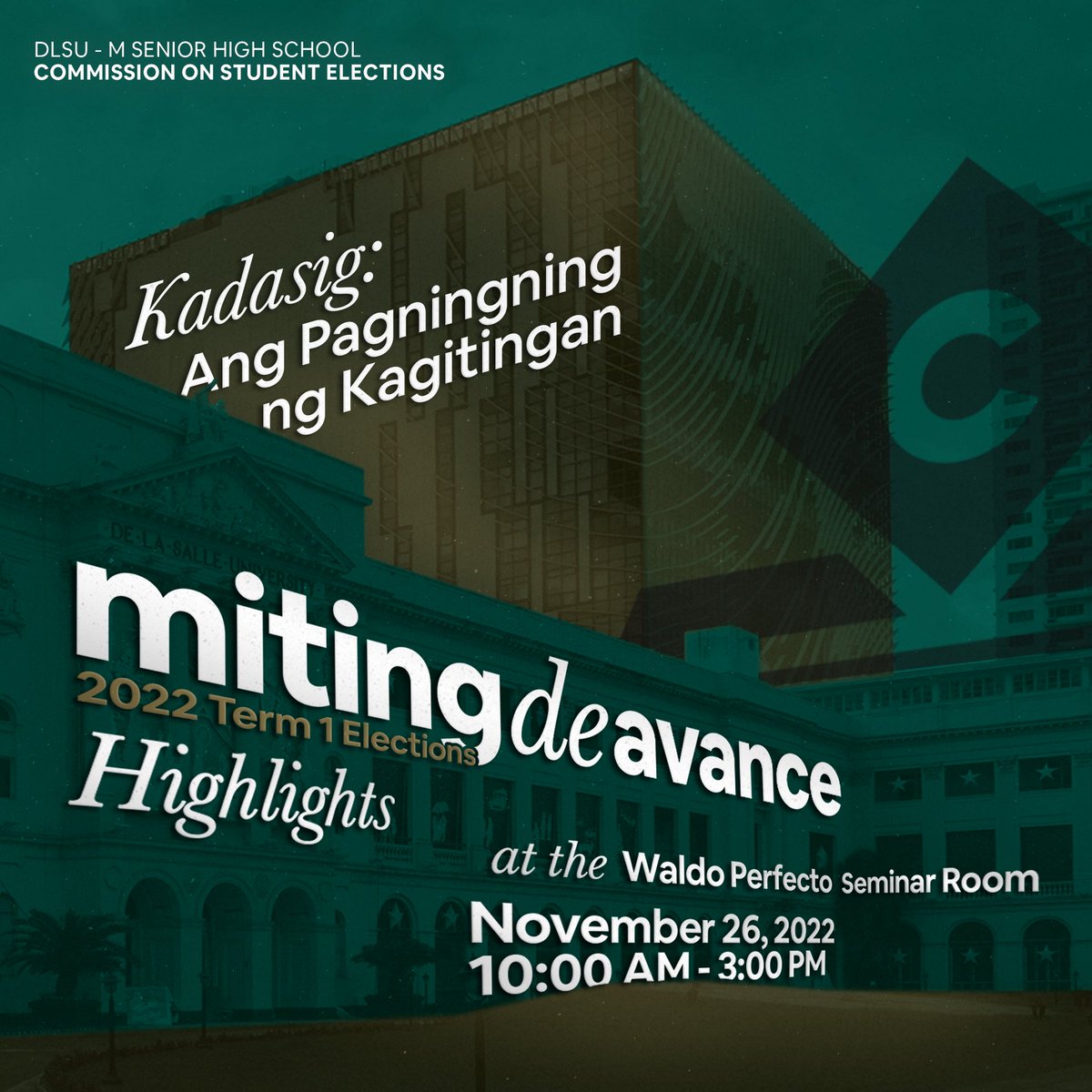 dlsushscomselec's tweet photo. Lasallians!

Today, the Student Council aspirants elucidate their true mettle in Kadasig: Pagningning ng Kagitingan. 

Access the Facebook live coverage HERE: https://t.co/NrrjvvIeMV

Here you may follow the Commission's live tweet updates on the MDA.

#KadasigMDA2022 https://t.co/MCwA4ZAR2x