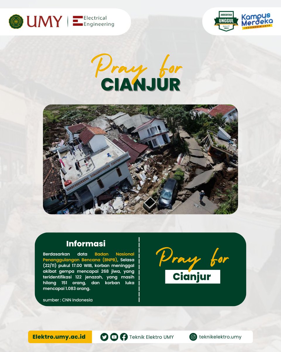 ElektroUMY's tweet photo. [PRAY FOR CIANJUR]

Innalillahi Wainnailaihi Roojiun
Turut Berduka Cita atas musibah yang menimpa saudara kita di kota cianjur dan sekitarnya.

Semoga korban meninggal dunia diberikan maghfiroh dan korban terdampak gempa diberikan kesabaran, ketabahan. https://t.co/zDiB8p6wu0