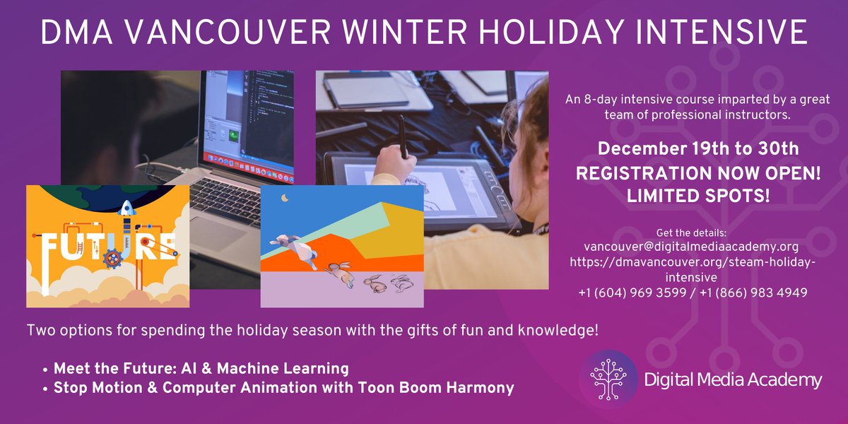 DMA_van's tweet photo. DMA Vancouver brings back the “STEAM Holiday Intensive 2022”. Two amazing options:

⭐Meet The Future: AI &amp; Machine learning
⭐Stop Motion &amp; Computer Animation With Toon Boom Harmony 
Dec. 19th - 30th
https://t.co/JwKPJLKP2i
#ComputerScience #ArtificialIntelligence #animation #ai https://t.co/BpRHyVLSgM