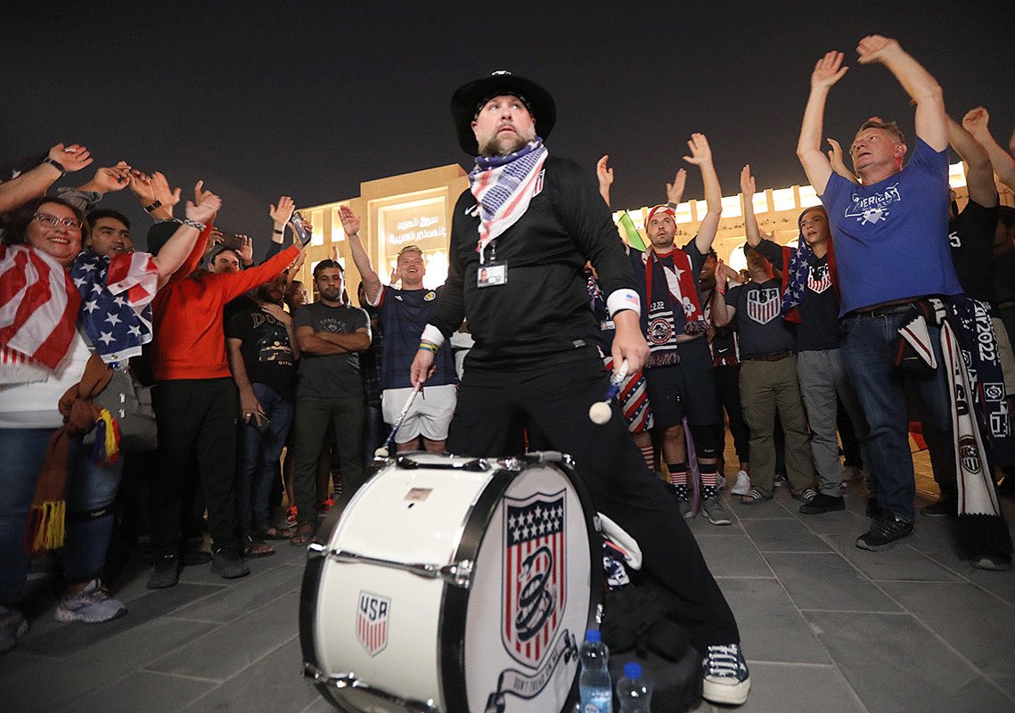 zimpix's tweet photo. US Soccer fans led by @UlyssesSGoal rally at Sous Waqif before the USA vs. England game in the FIFA World Cup 2022. #FIFAWorldCupQatar2022 #ENGUSA #USMNT #ussoccer #OnlyForward https://t.co/HUGVb8OWwt