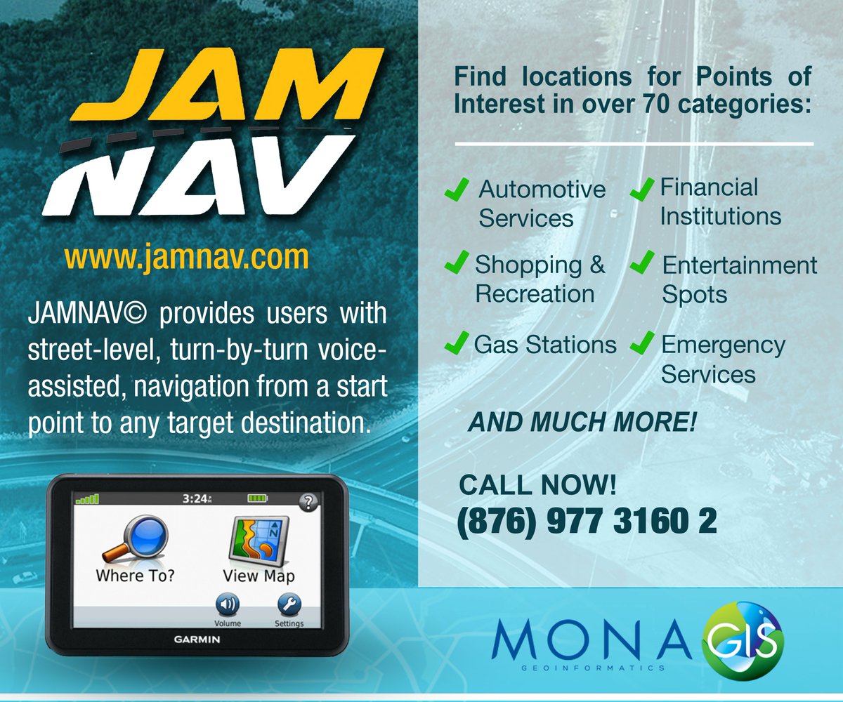 MGIMona's tweet photo. MGI’s navigation system @JAMNAV1 is designed to meet all your navigational needs. https://t.co/5ejqo5oN06
Call: 876-977-3160-2
Email: info@monainformatixltd.com
#GPS #GPSNavigation #Jamaica #JAMNAV #MGI #MonaGIS #MGImona https://t.co/cnAm7O3e1W