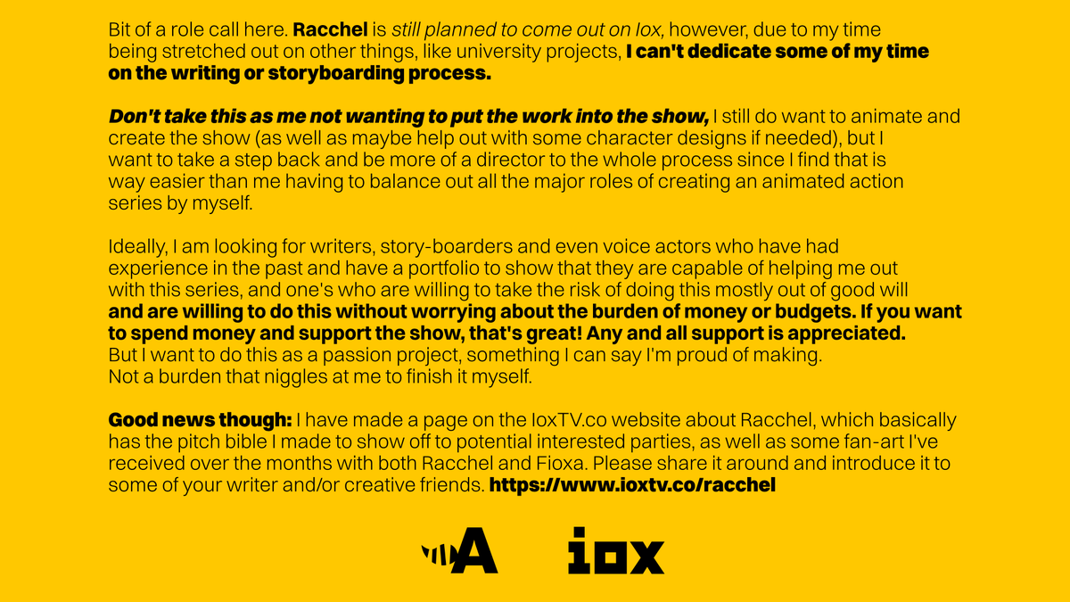 Allanbuzzy's tweet photo. Update regarding the #Racchel series for @ioxTV.

Don't worry, it isn't scrapped, I just don't want to put all the stress of doing everything for it. Read below.

Share for those you might find could be interested in this project. 

https://t.co/VhE1VOQVkO https://t.co/HsWtFmOd85