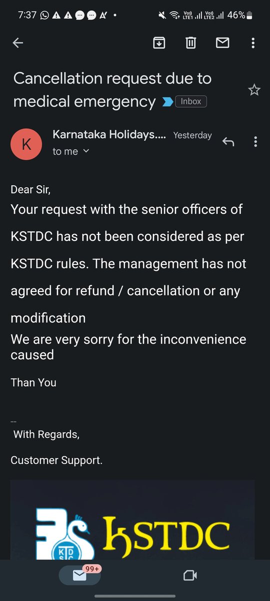 ARPANSAMARIYA's tweet photo. @kstdc @KarnatakaWorld @KstdcOnline Unethical Policies, you don't care about travelers! 
My refund request for tirupathi visit from Bangalore has been canceled today. My father had Kidney failure just before traveling date for PNR 8791698153. Shame! @AnandSinghBS https://t.co/4FxnIhba8z
