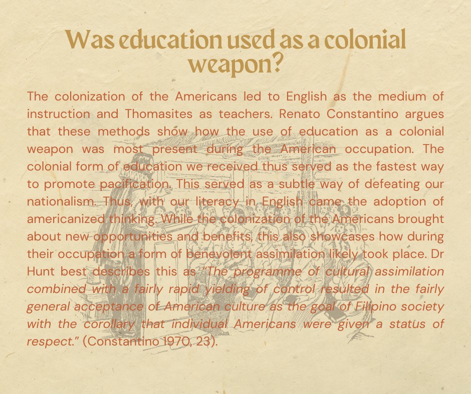 HistoSaysayPH's tweet photo. (cont. 2/2) are meant to be an agricultural country and  thus we should not make an effort to improve or strive for industrialization. 

This brings us to the topic of education and leads us to ask ourselves, is this really a form of pacification? ❔📖 https://t.co/SXCLCbSqzU