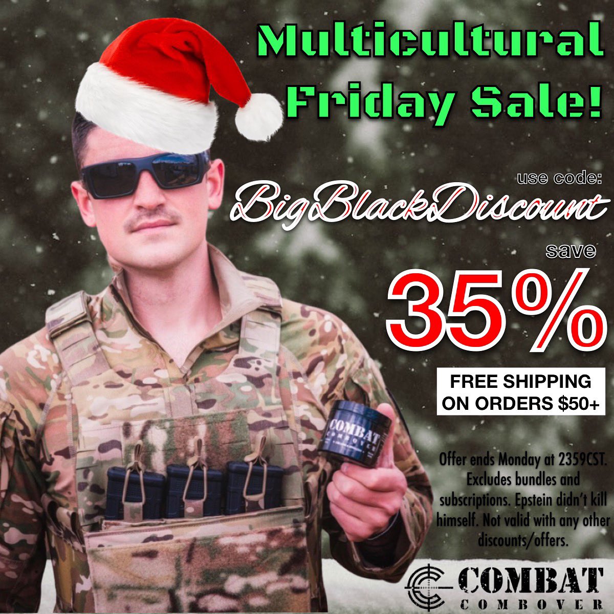 CombatCombover's tweet photo. The most inclusive sale of the year🎄🎁 excludes bundles &amp; subscriptions cuz those deals aren’t welcome here🚫
#blackfridaysale #multiculturalfridaysale https://t.co/G4WU31mfTf