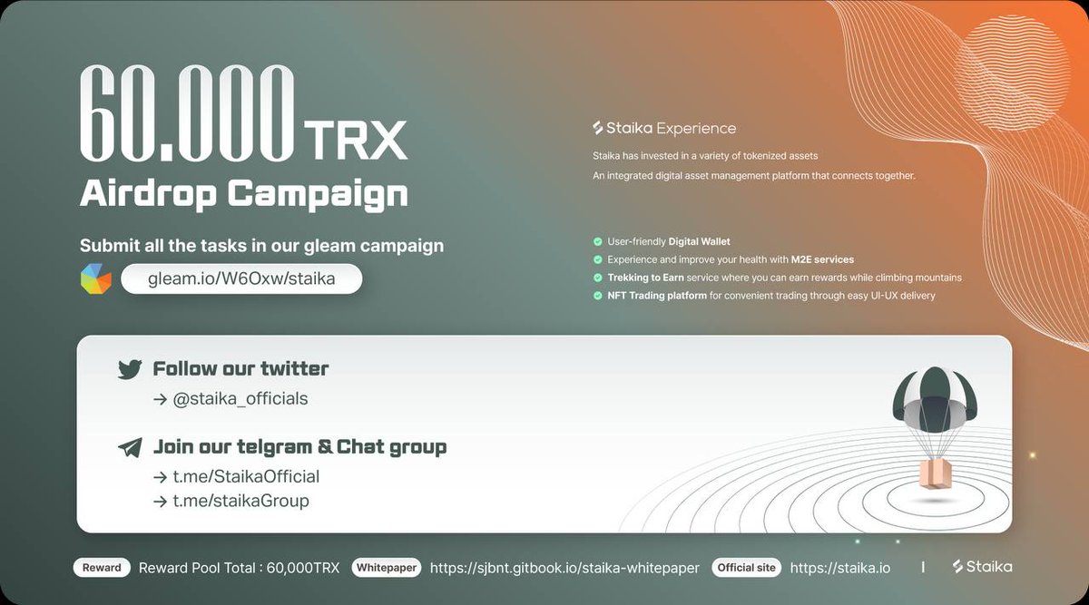 #Staika is running a massive 60,000TRX #airdrop campaign in  tokens!

Join our gleam competition:
🔗gleam.io/W6Oxw/staika

Follow all the rules and tag your friends to join the airdrop campaign!

#Metaverse #Giveaway