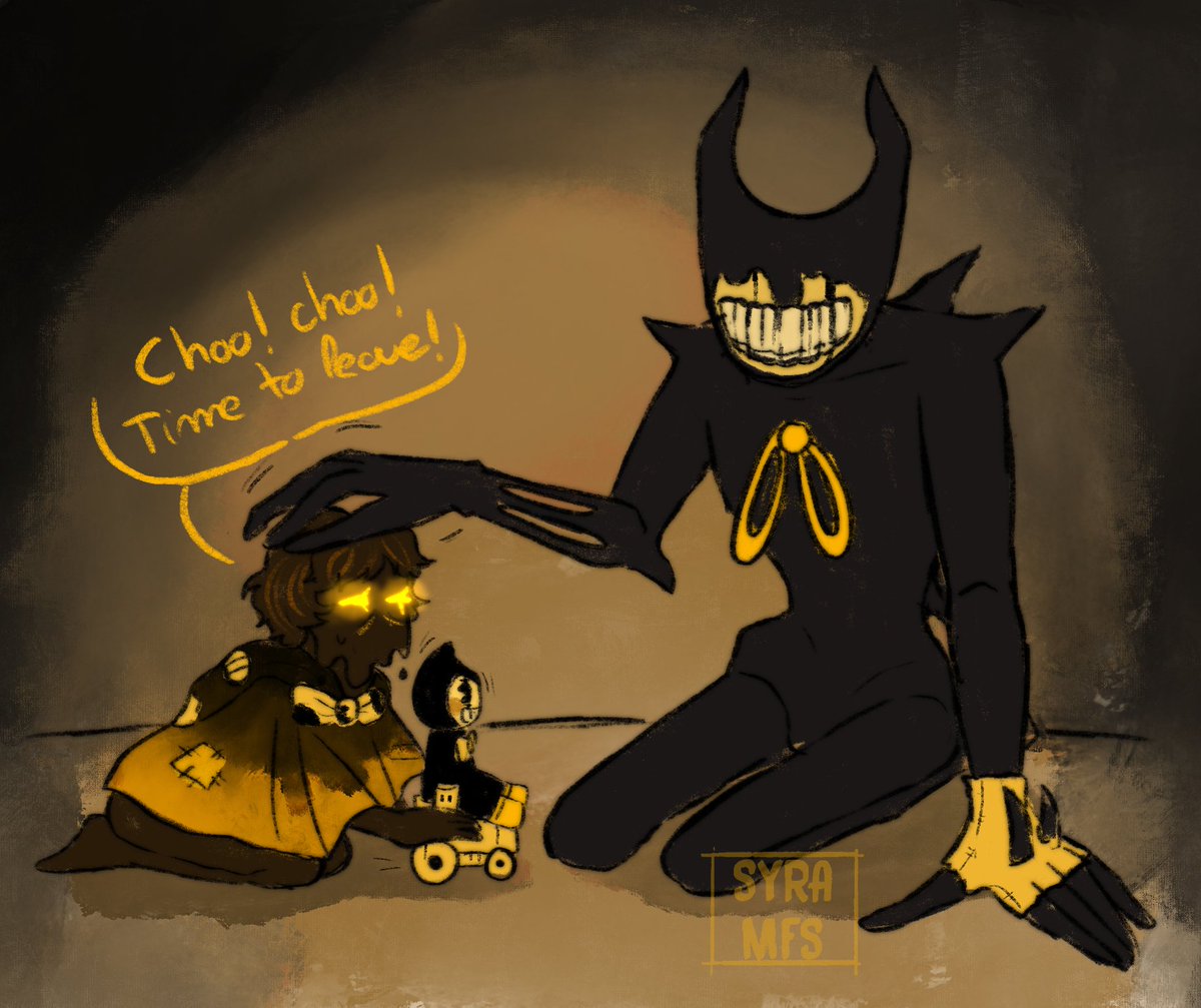 syra_mfs's tweet photo. Most of Lost ones are afraid of the Ink Demon. However, Little H, wants to play with him. <3 
He lent her the train to play.
#BENDY #Bendy_and_the_Dark_Revival #BATDR #Bendy_and_the_ink_machine #bendyfanart https://t.co/HBz4Ymwf44