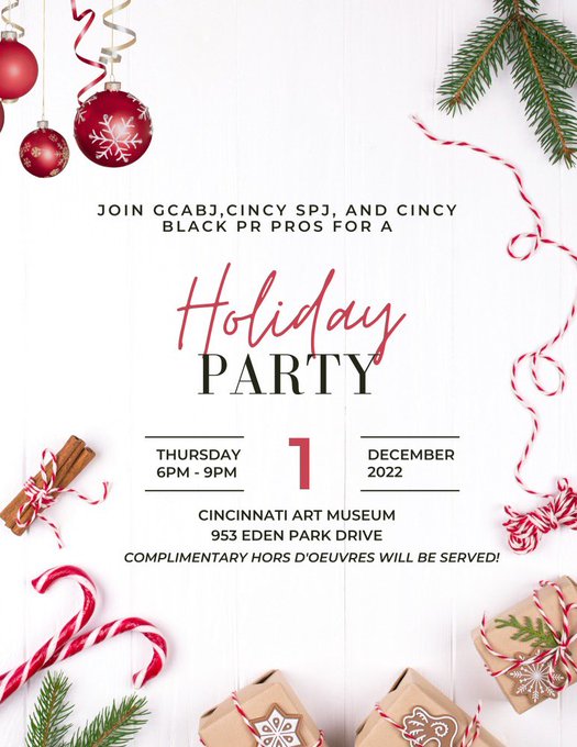 Join us on Thursday, December 1 at the Cincinnati Art Museum from 6-9pm for the Cincy SPJ/GCABJ and Cincy Black PR Pros annual holiday gathering RSVP at forms.gle/otQnZrAe7Wa4RY… <a href="/cincyspj/">Cincy SPJ</a> <a href="/GreaterCincyABJ/">GCABJ</a>