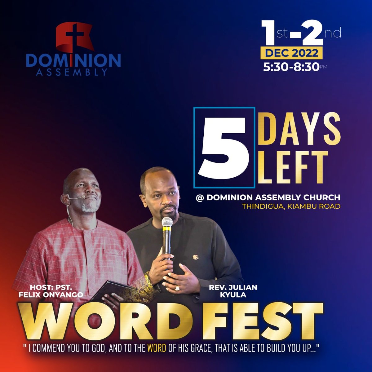 DominionAssemb3's tweet photo. 5 days Kingdom Champions 
Spread the word

#WordFeast2022
#DominionAssembly https://t.co/E4xoJikfC7