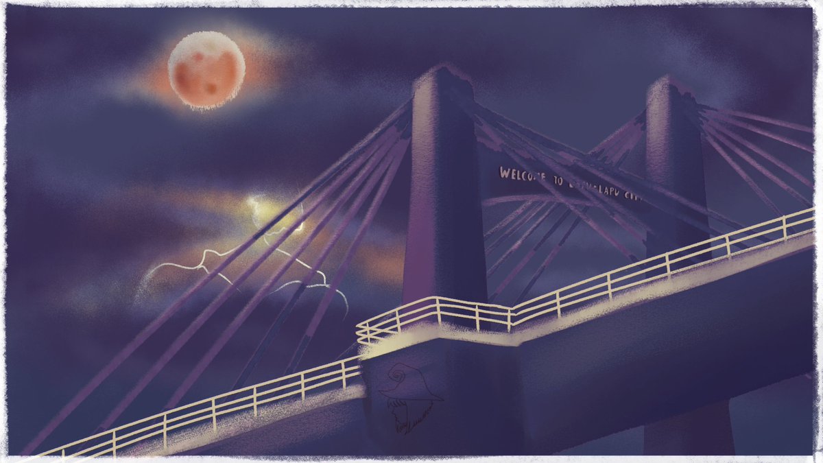 byelledritch's tweet photo. 🌒 i'll be home soon, just admiring the view 🌉 

inspired by the shot of the blood moon/lightning storm over the Marcelo Fernan bridge taken by lance pahang 📸 do give him and his amazing work a follow !!! Also selling this as a print for Cebu Literary Festival :) https://t.co/pAYcC0P230