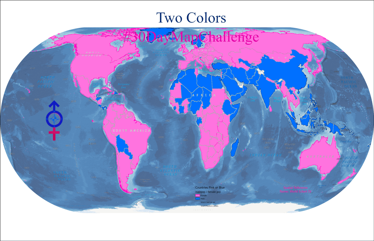 graharg's tweet photo. #twocolor map for Fridays on the #30DayMapChallenge. I used ArcGIS PRO with the 2021 UN Population data tables. #pink #blue Countries in the World Eckert IV projection with #TCarta ocean basemap https://t.co/hJIJV0uj3J