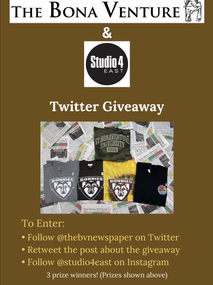 Do you love reading The BV? Do you love St. Bonaventure merch? Enter our giveaway with @studio4east ! 3 prize winners (prizes featured in picture.) Just follow the instructions on the graphic! Thank you for the support📰👕