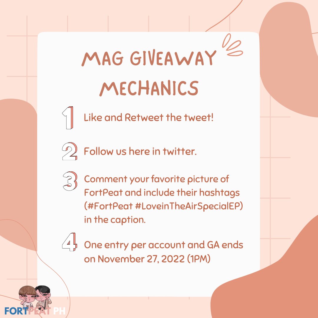 FortPeat_PH's tweet photo. • 𝙁𝙤𝙧𝙩𝙋𝙚𝙖𝙩𝙋𝙃: 𝙈𝙤𝙢𝙚𝙣𝙩 𝙈𝙖𝙜𝙖𝙯𝙞𝙣𝙚 𝙂𝙞𝙫𝙚𝙖𝙬𝙖𝙮 •

♡ 1 winner of #FortPeat November Issue Moment Magazine Version A (black ver).
♡ Read the mechanics below.
♡ Open for PH #BabyFeat - isf will be on us (lsf excluded).

🏷️ #LoveinTheAirSpecialEP https://t.co/tVPpStUXYC
