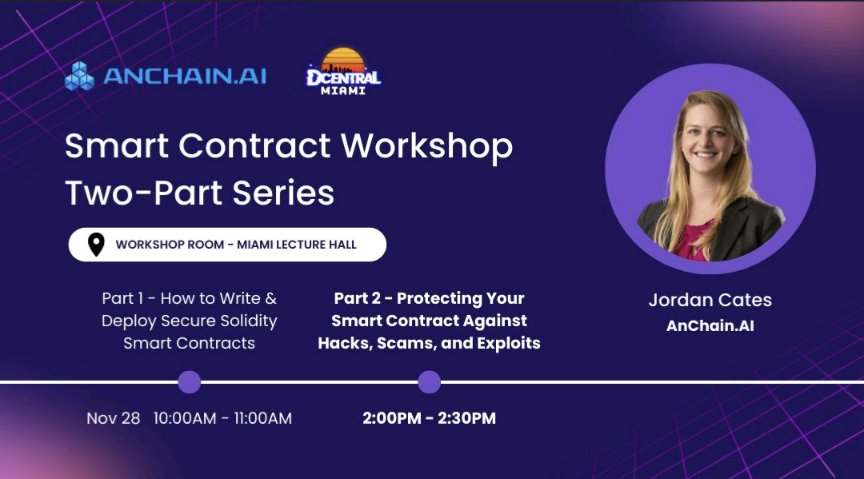 Twenx_'s tweet image. If you&apos;re at @DcentralCon! Make sure you stop by the Workshop room and listen to @0xTripleStack break down #SmartContract Security.🔐👮‍♀️

#AnChainAI