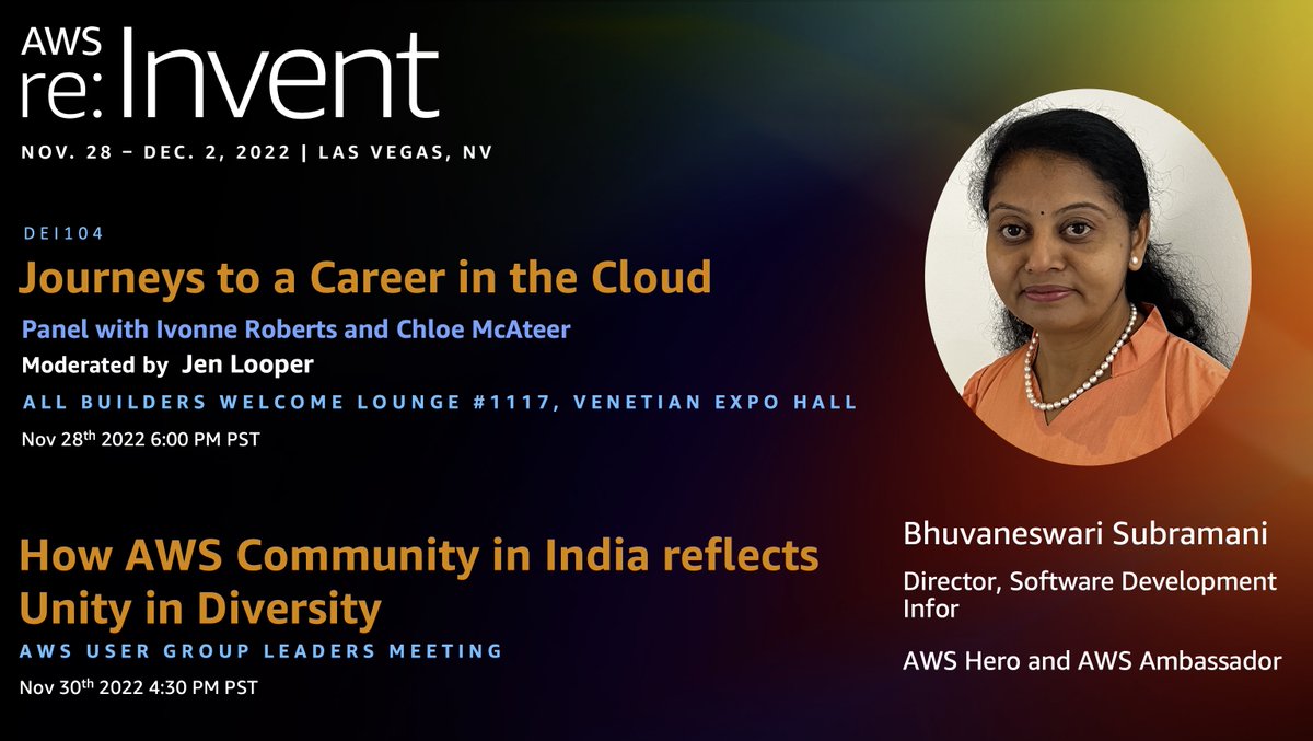 Bhuvaneswari Subramani (@installjournal) on Twitter photo 4th year in a row, getting excited to present at #AWS #reinvent2022 next week for two talks!
Looking forward <a href="/Karissa_Wood_/">Karissa Fuller</a> <a href="/rossbarich/">Ross Barich</a> <a href="/RKridhima/">Ridhima Kapoor</a> <a href="/rohini_gaonkar/">Rohini Gaonkar</a>
#awscommunity #awsusergroups 4th year in a row, getting excited to present at #AWS #reinvent2022 next week for two talks!
Looking forward <a href="/Karissa_Wood_/">Karissa Fuller</a> <a href="/rossbarich/">Ross Barich</a> <a href="/RKridhima/">Ridhima Kapoor</a> <a href="/rohini_gaonkar/">Rohini Gaonkar</a>
#awscommunity #awsusergroups