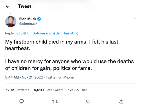almodozo's tweet photo. Elon Musk, talking to Sam Harris &amp; Kim Dotcom: "My firstborn child died in my arms. I felt his last heartbeat"

Justine Musk: "I was the one who was holding him"

Justine Musk: Elon "did not want to talk about [his] death," called me "emotionally manipulative" for grieving openly https://t.co/UpNVz2Dw09