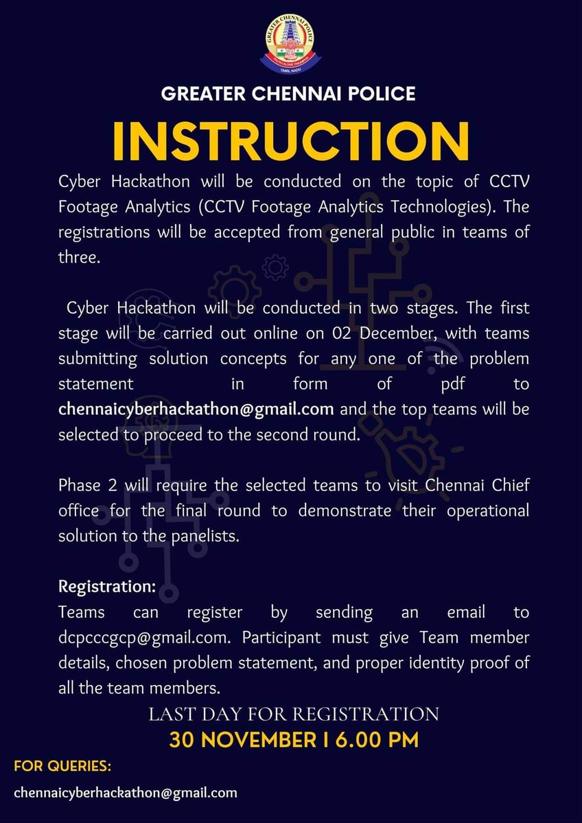 ibrahimbasha_89's tweet photo. GREATER CHENNAI POLICE PRESENTS
CYBER HACKATHON
TOPIC CCTV FOOTAGE ANALYTICS
10 DECEMBER 2022
PRIZE WORTH RS. 1 LAKH
#GCPForYou #GCP #Gcphackathon
#hackathon #hackathons #CCTV #Trafficpolice #hackathoniot #hackathon2022 #hackathon57 #hackathonbanyumas #hackathonrrhh https://t.co/r4DjH1kiCx