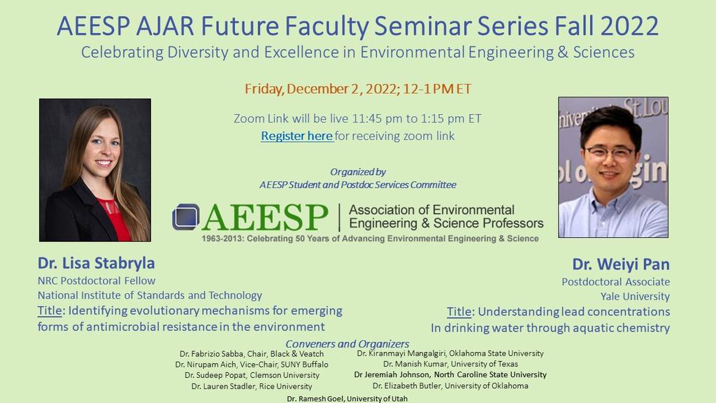 Kiranmayi Mangalgiri (@kmangalgiri) on Twitter photo Join us next week for our third installment of AEESP Future Faculty Seminar Series on Dec 2, 2022. Our speakers are Dr Stabryla and Dr Pan. Register here for free:buffalo.zoom.us/meeting/regist…
<a href="/AEESProfs/">AEESP</a>
<a href="/Weiyipanwustl/">Weiyi</a> <a href="/lisa_stabryla/">Lisa Stabryla, PhD</a> @scp_42 <a href="/Fab_H2O/">Fab Sabba</a> <a href="/MembraneLab/">Manish Kumar</a> <a href="/NirupamAich/">Nirupam Aich</a> Join us next week for our third installment of AEESP Future Faculty Seminar Series on Dec 2, 2022. Our speakers are Dr Stabryla and Dr Pan. Register here for free:buffalo.zoom.us/meeting/regist…
<a href="/AEESProfs/">AEESP</a>
<a href="/Weiyipanwustl/">Weiyi</a> <a href="/lisa_stabryla/">Lisa Stabryla, PhD</a> @scp_42 <a href="/Fab_H2O/">Fab Sabba</a> <a href="/MembraneLab/">Manish Kumar</a> <a href="/NirupamAich/">Nirupam Aich</a>